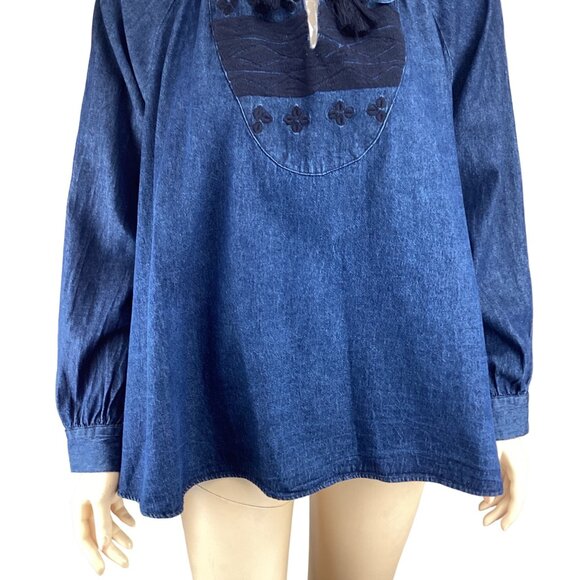 Ne Quittez Pas Anthropologie Top Size Small Peasant Denim Embroidered Blouse Tas - Picture 6 of 9